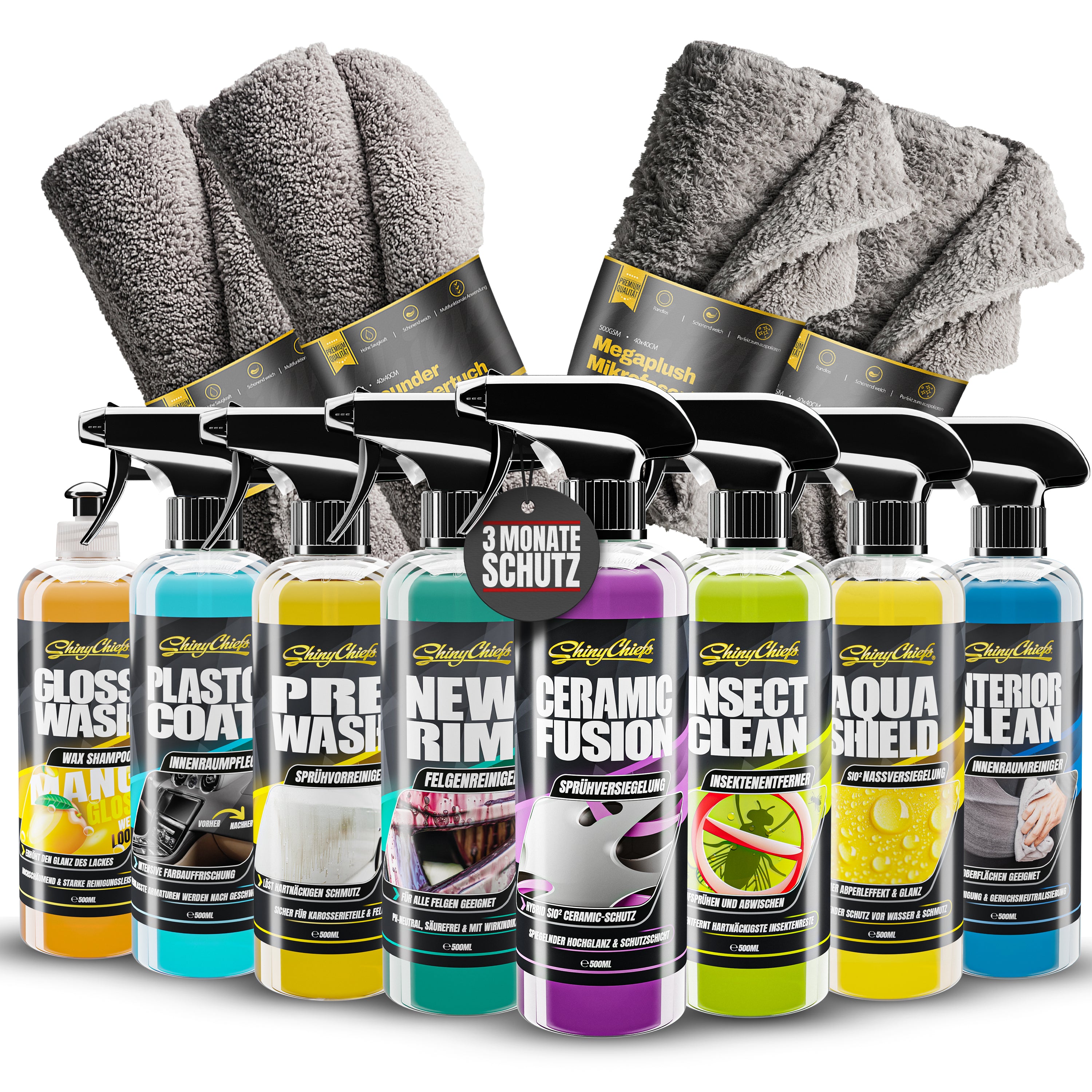 Autopflege Komplettset – 8 Flaschen & 4 Mikrofasertücher im Vorteilspaket