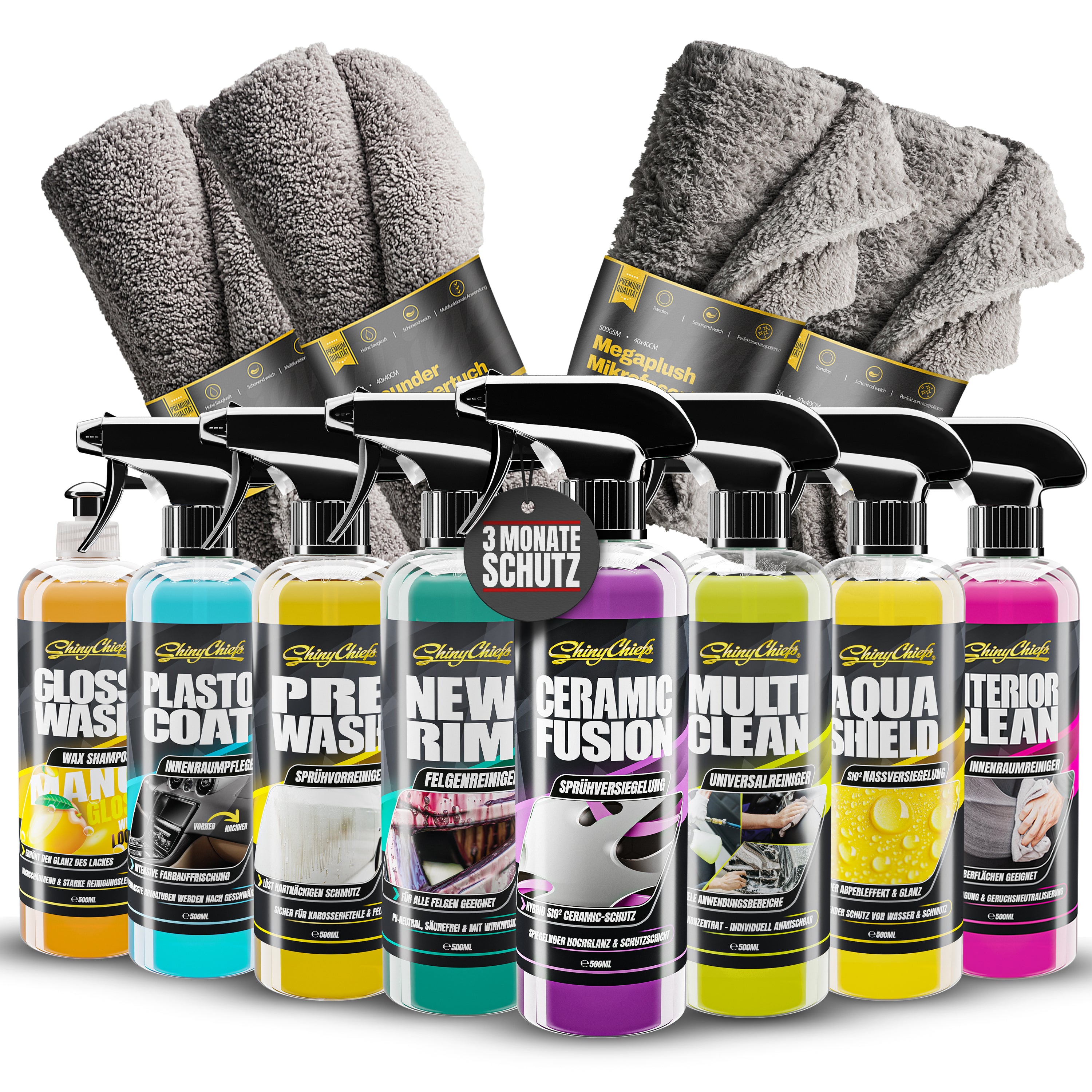 Autopflege Komplettset – 8 Flaschen & 4 Mikrofasertücher im Vorteilspaket