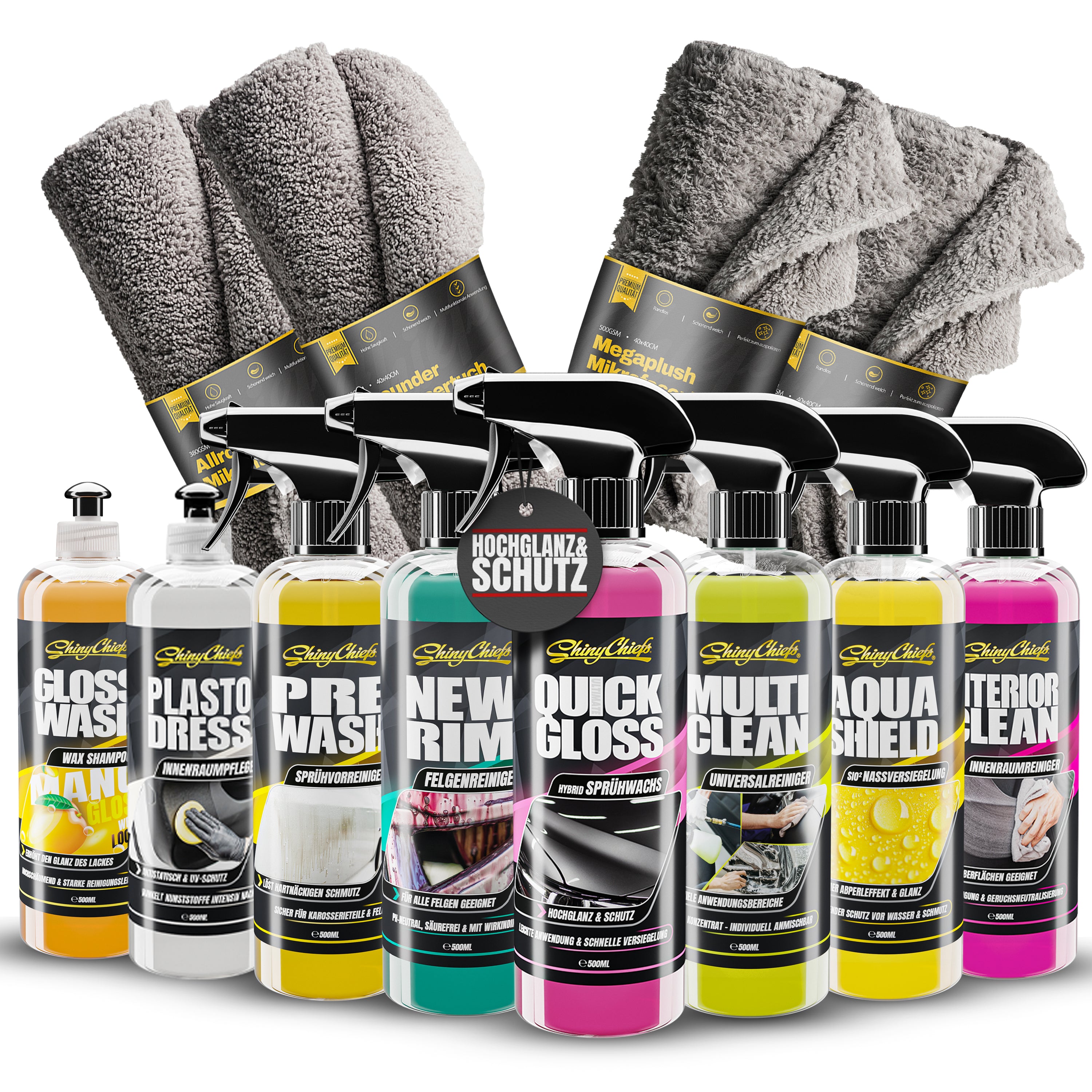 Autopflege Komplettset – 8 Flaschen & 4 Mikrofasertücher im Vorteilspaket