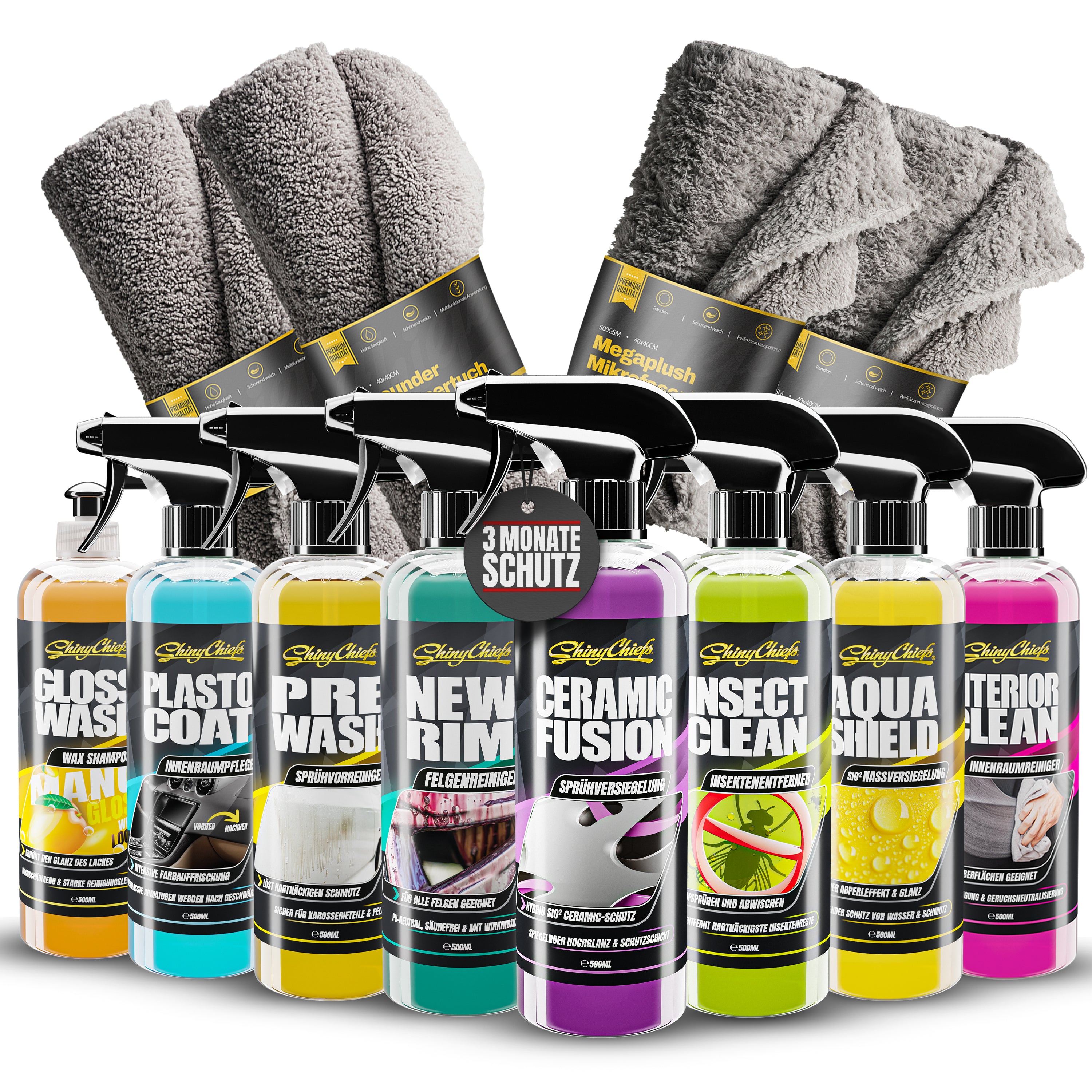Autopflege Komplettset – 8 Flaschen & 4 Mikrofasertücher im Vorteilspaket