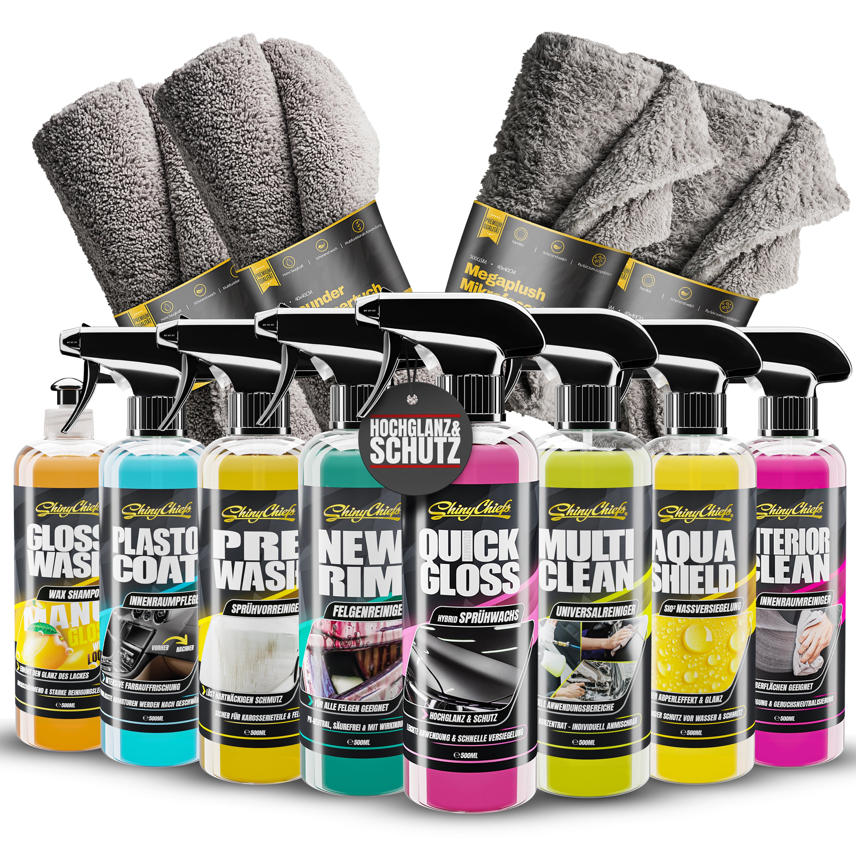 Autopflege Komplettset – 8 Flaschen & 4 Mikrofasertücher im Vorteilspaket
