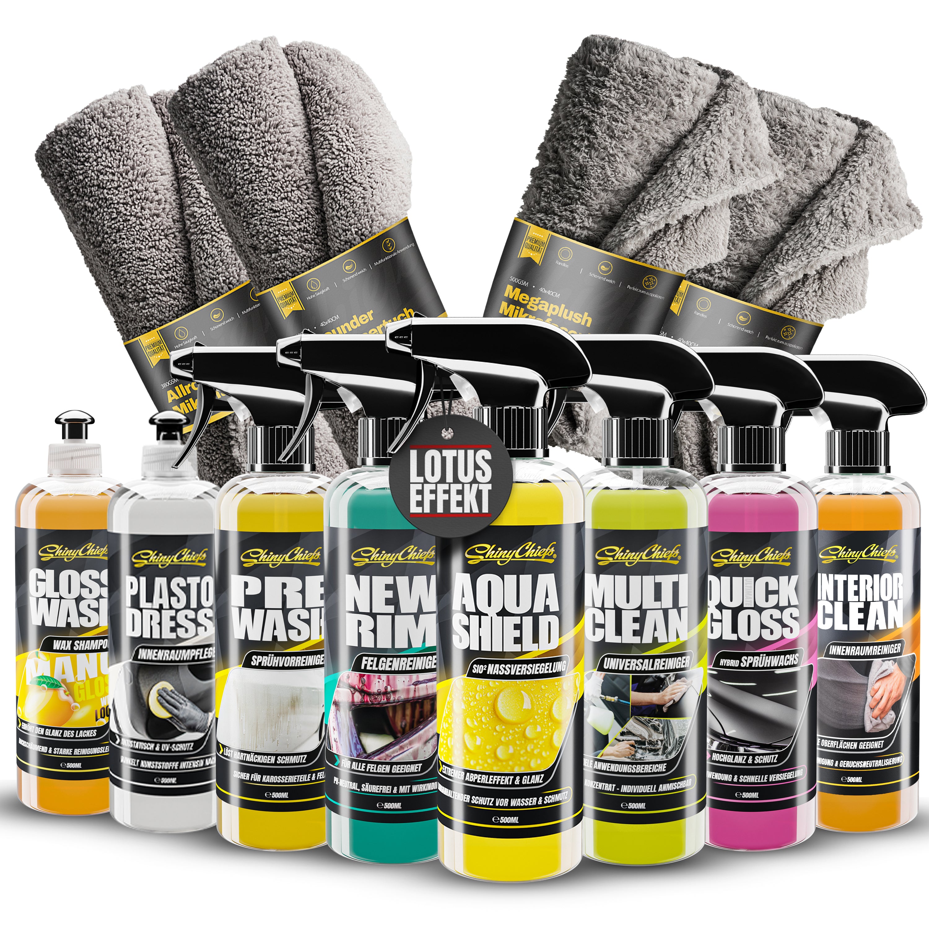 Autopflege Komplettset – 8 Flaschen & 4 Mikrofasertücher im Vorteilspaket