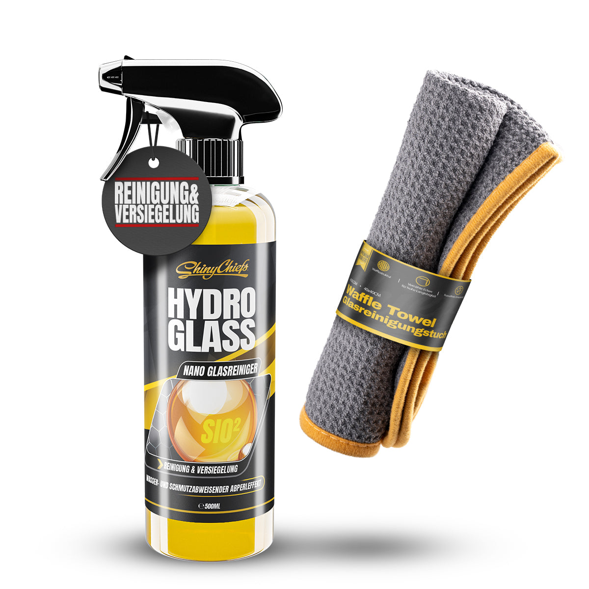 HYDRO GLASS - NANO SiO2 GLASREINIGER 500ml + WAFFLE TOWEL SET - Sunny Edition