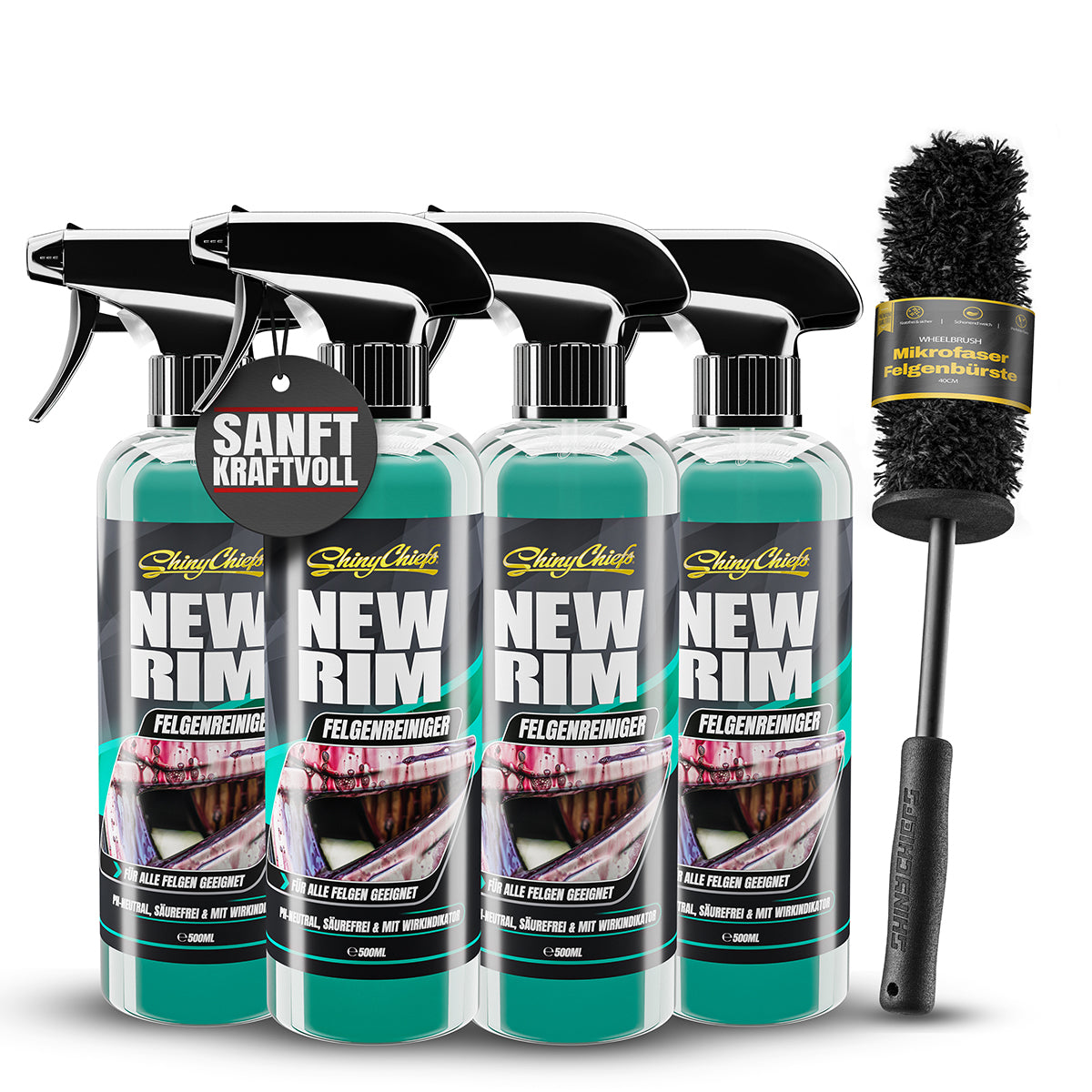 NEWRIM Felgenreiniger 4x500ml + WHEELBRUSH MIKROFASER FELGENBÜRSTE